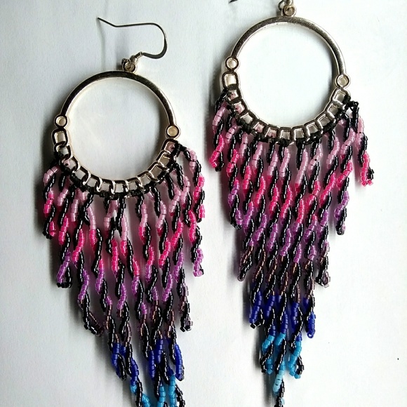 Hand Crafted Jewelry - ⭐HP⭐ Beaded Handmade Twisted Reins Long Hoop Earrings